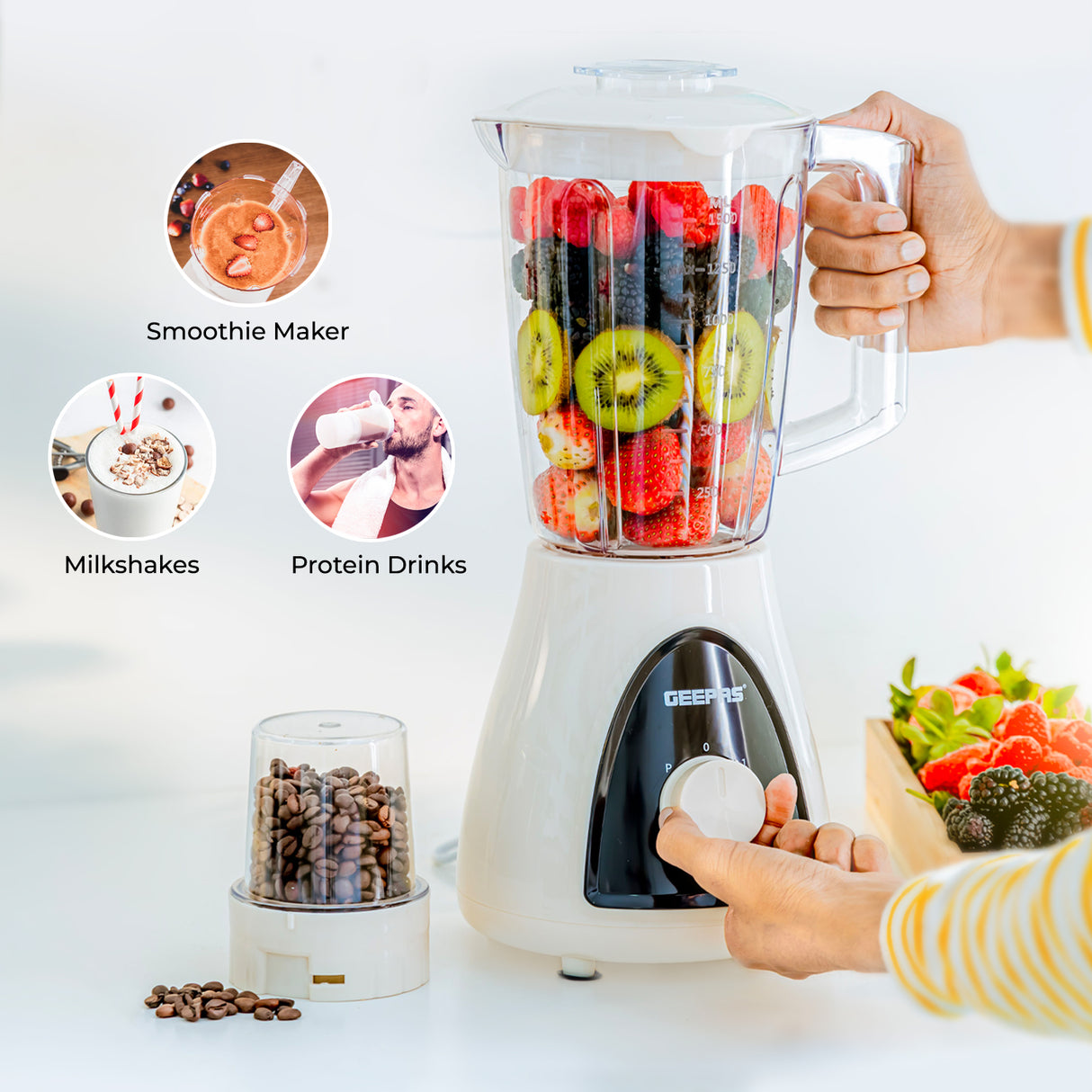 Geepas GSB5485 500W 2 in 1 Blender - Stainless Steel Blades, 2 Speed Control with Pulse | Overheat Protection| Ice Crusher, Chopper, Coffee Grinder & More