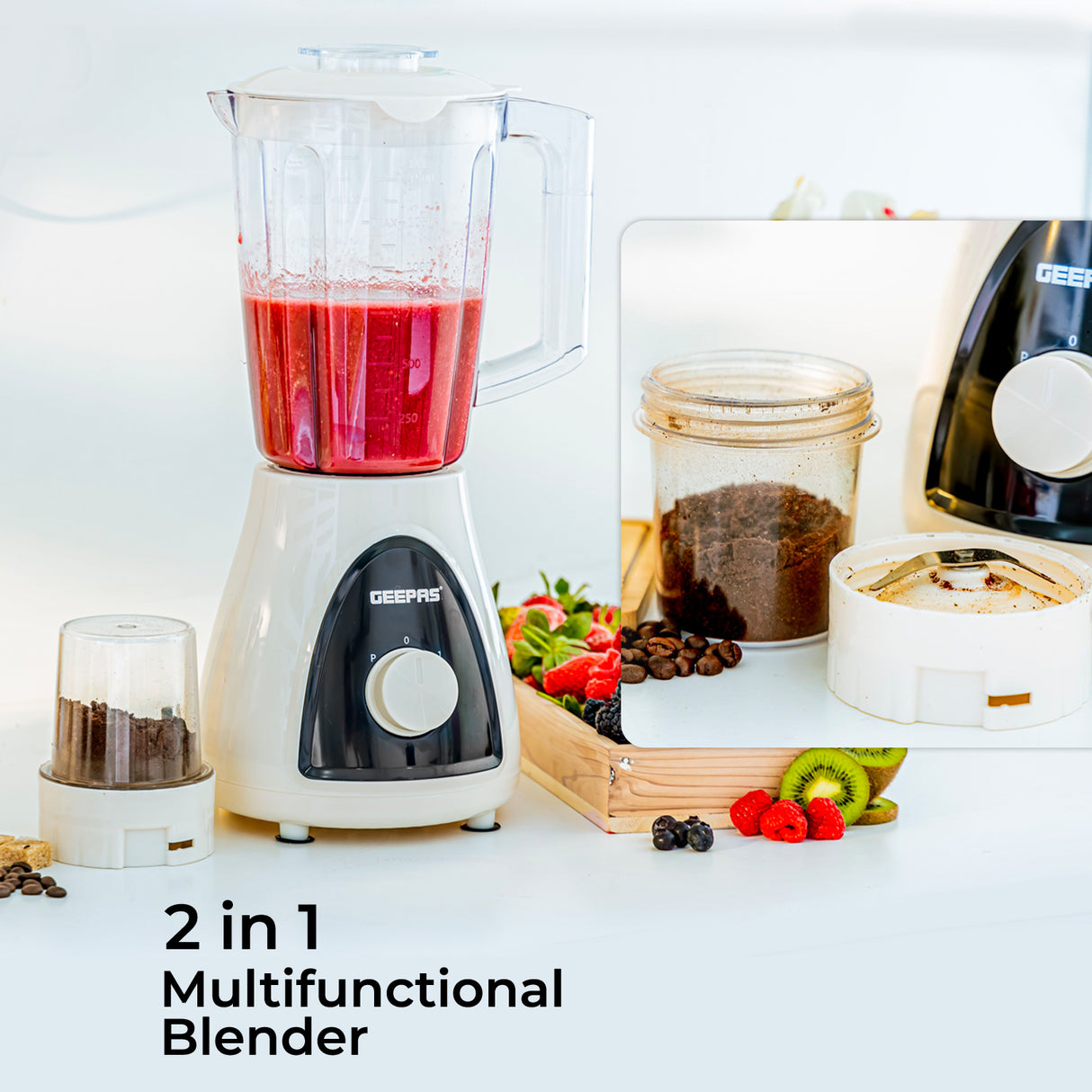 Geepas GSB5485 500W 2 in 1 Blender - Stainless Steel Blades, 2 Speed Control with Pulse | Overheat Protection| Ice Crusher, Chopper, Coffee Grinder & More