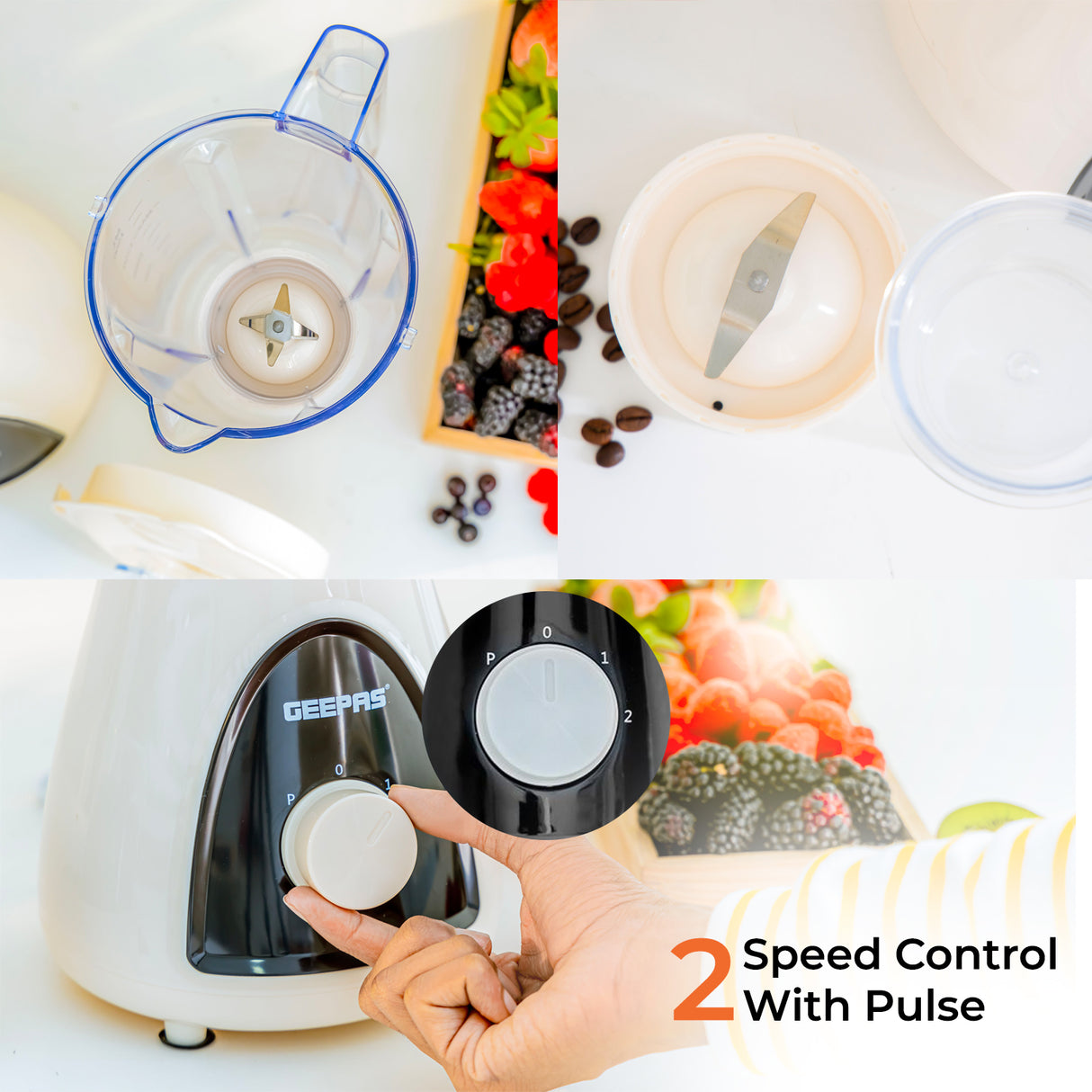 Geepas GSB5485 500W 2 in 1 Blender - Stainless Steel Blades, 2 Speed Control with Pulse | Overheat Protection| Ice Crusher, Chopper, Coffee Grinder & More