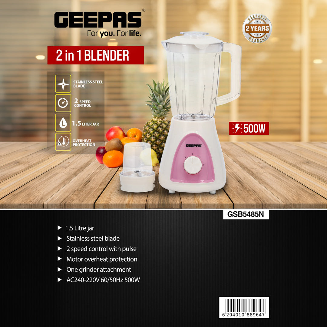 Geepas GSB5485 500W 2 in 1 Blender - Stainless Steel Blades, 2 Speed Control with Pulse | Overheat Protection| Ice Crusher, Chopper, Coffee Grinder & More
