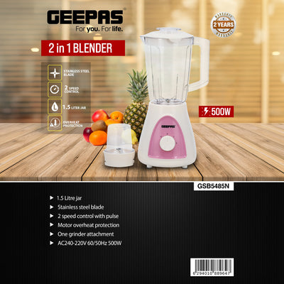 Geepas GSB5485 500W 2 in 1 Blender - Stainless Steel Blades, 2 Speed Control with Pulse | Overheat Protection| Ice Crusher, Chopper, Coffee Grinder & More