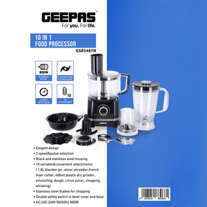 Geepas GSB5487 10-in-1 Food Processor | 800W | Transparent Jars & Stainless Steel Blades for Blending, Chopping & More | 2 Speed with Pulse | Detachable Attachments