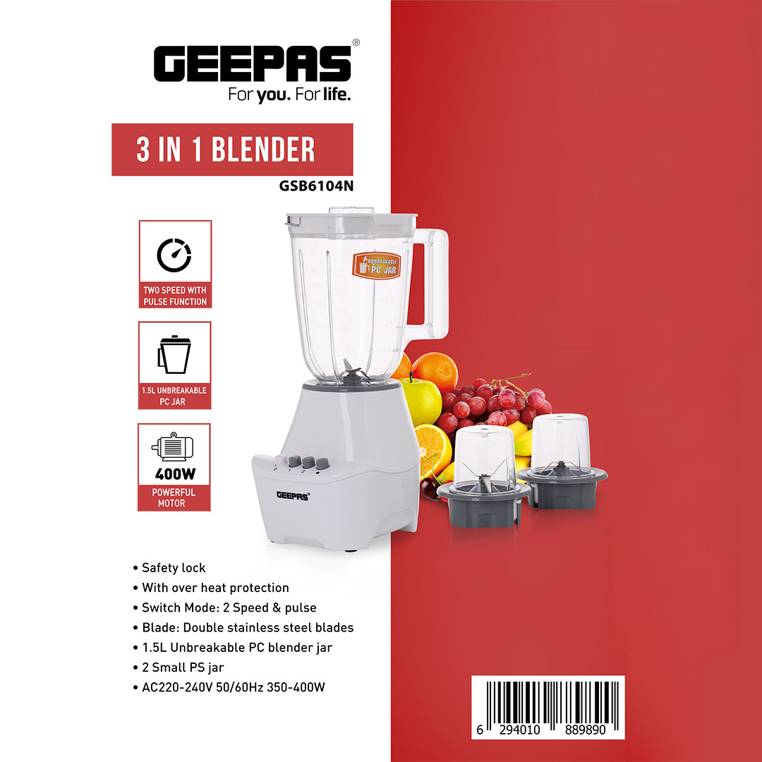 Geepas 3-in-1 Blender- GSB6104N| 400W Powerful Motor| 2 Speed Setting and Pulse| Transparent and Unbreakable Jars with Stainless Steel Blade| 2 Grinder Attachments| White
