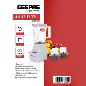 Geepas 3-in-1 Blender- GSB6104N| 400W Powerful Motor| 2 Speed Setting and Pulse| Transparent and Unbreakable Jars with Stainless Steel Blade| 2 Grinder Attachments| White