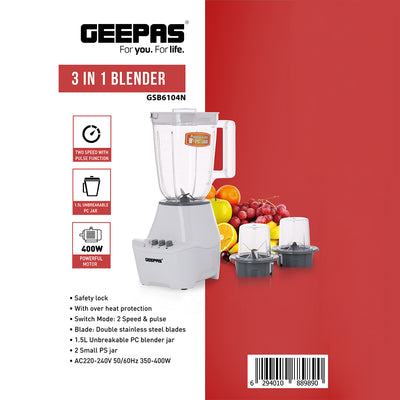Geepas 3-in-1 Blender- GSB6104N| 400W Powerful Motor| 2 Speed Setting and Pulse| Transparent and Unbreakable Jars with Stainless Steel Blade| 2 Grinder Attachments| White