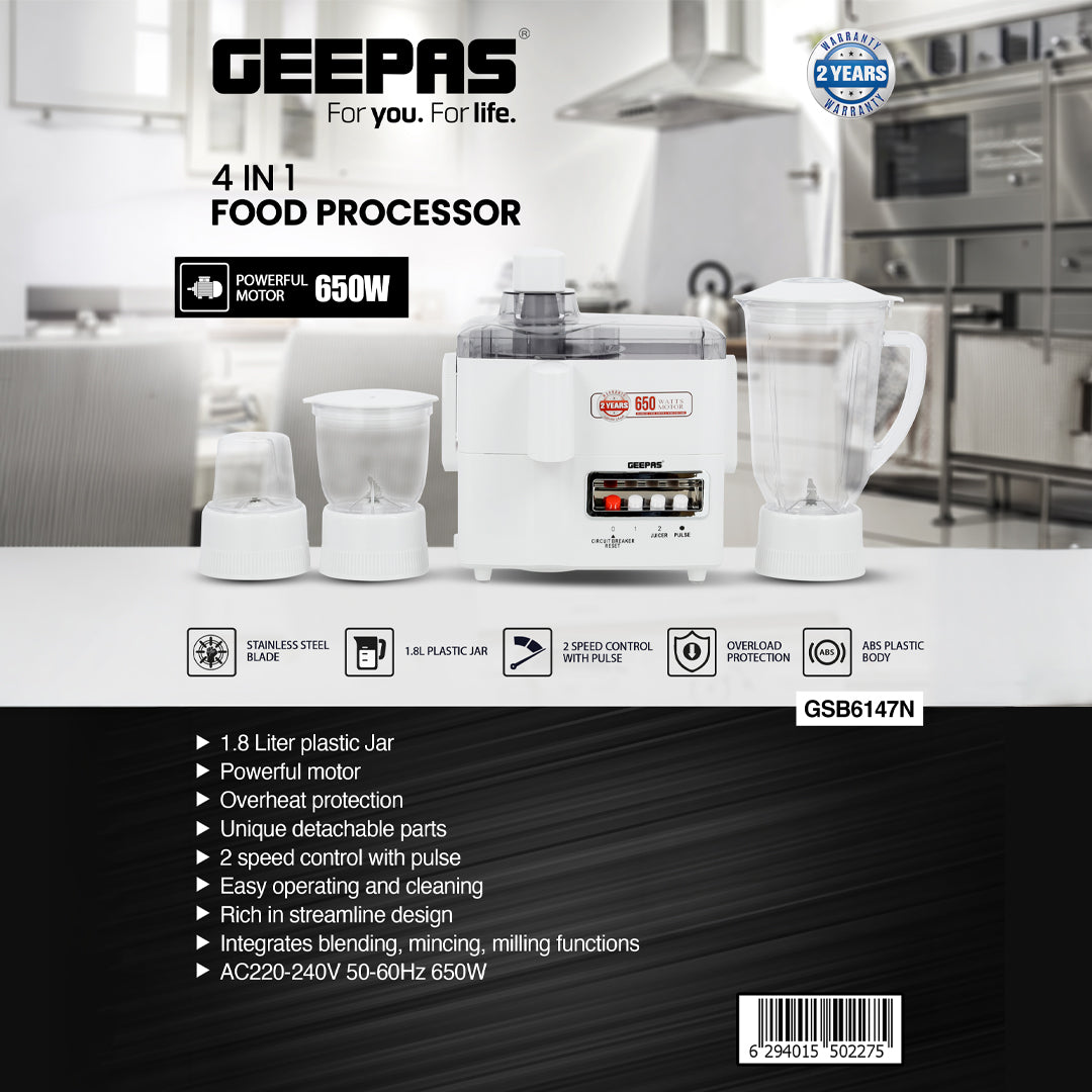 Geepas 650W 4-in-1 Food Processor- GSB6147| Transparent Plastic Jar with Stainless Steel Blades | Overheat  Protection| | 2 Speed Control | 2 Years Warranty| White