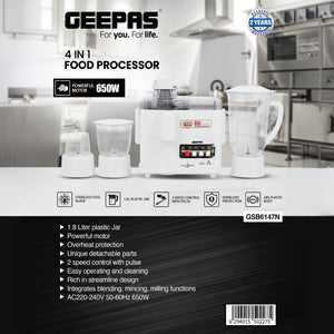 Geepas 650W 4-in-1 Food Processor- GSB6147| Transparent Plastic Jar with Stainless Steel Blades | Overheat  Protection| | 2 Speed Control | 2 Years Warranty| White