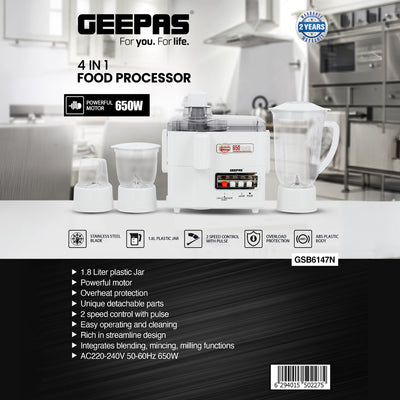 Geepas 650W 4-in-1 Food Processor- GSB6147| Transparent Plastic Jar with Stainless Steel Blades | Overheat  Protection| | 2 Speed Control | 2 Years Warranty| White