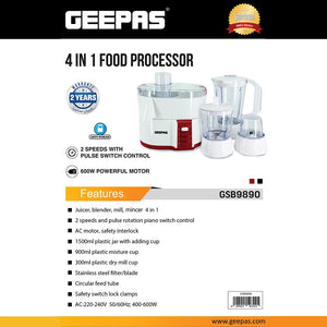 Geepas 4-in-1 Food Processor GSB9890 |600W Powerful Motor, 2 Speed with Pulse Control, Safety Interlock System, Circular Feed Tube, Durable Stainless Steel Filter & Blade