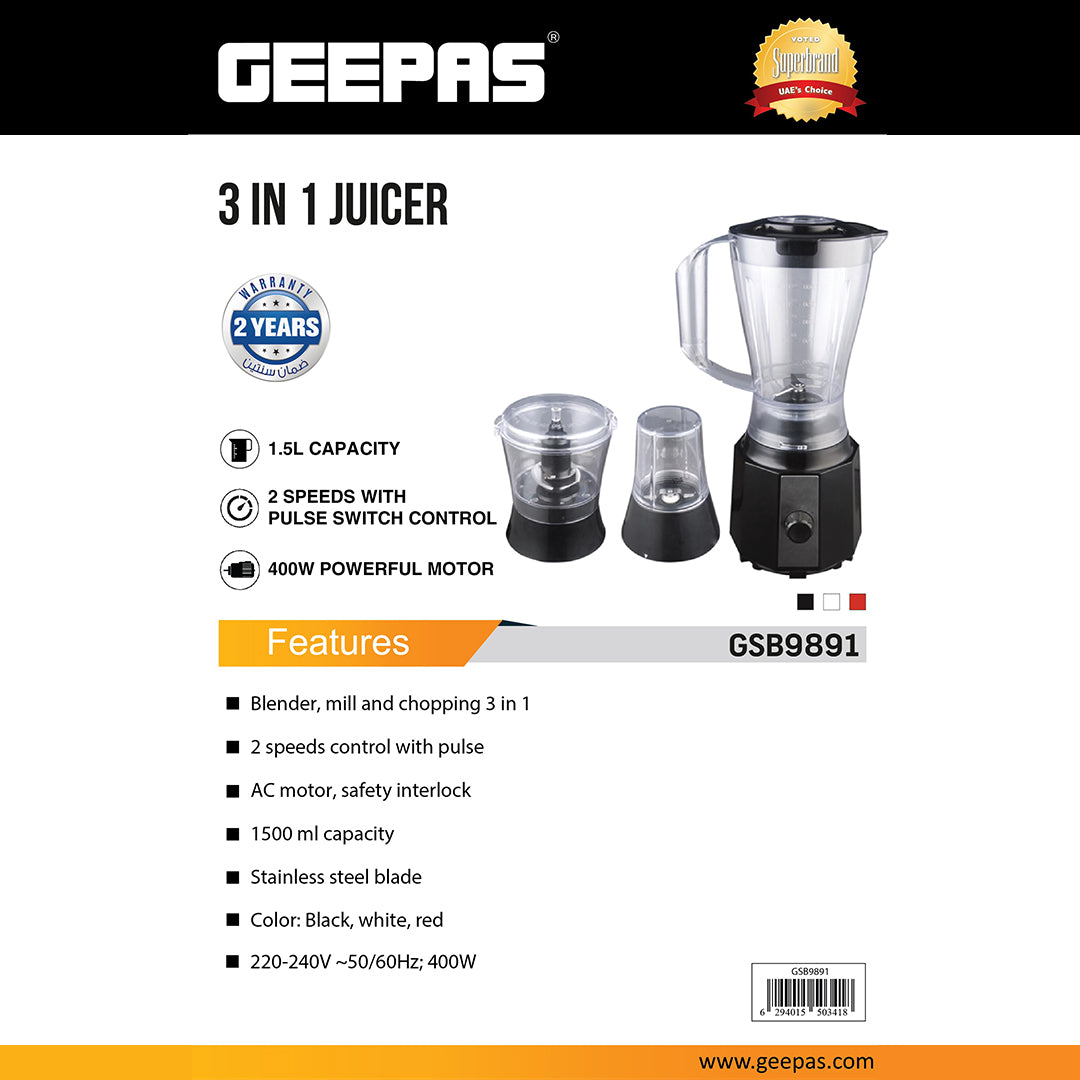 Geepas 3-in-1 Juicer GSB9891 | 1500ml Blender Jar |400W Motor |Stainless Steel Blades | 2 Speed Control with Pulse | Ice Crusher, Chopper, Coffee Grinder & Smoothie Maker