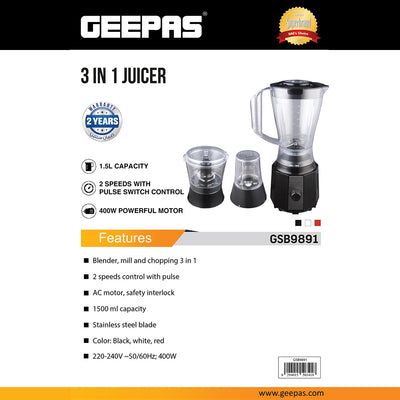 Geepas 3-in-1 Juicer GSB9891 | 1500ml Blender Jar |400W Motor |Stainless Steel Blades | 2 Speed Control with Pulse | Ice Crusher, Chopper, Coffee Grinder & Smoothie Maker