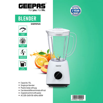Geepas Blender GSB9894N | 400W Powerful Motor | 2 Speed & Pulse Control | 1.5L Glass Jar with Stainless Steel Cutting Blade | Durable Design with 2 Years Warranty