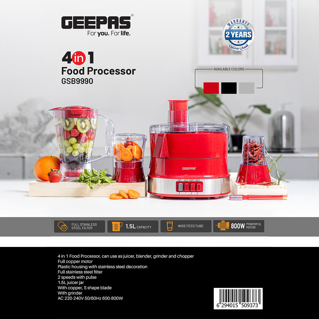 Geepas GSB9990 4-in-1 Food Processor Electric Blender & Juicer | 2 Speed with Pulse & Safety Interlock| Multi-Functional  Juicer & Blender| Coffee Grinder & Mill Included