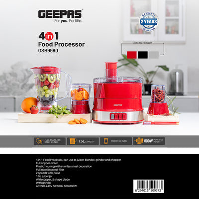 Geepas GSB9990 4-in-1 Food Processor Electric Blender & Juicer | 2 Speed with Pulse & Safety Interlock| Multi-Functional  Juicer & Blender| Coffee Grinder & Mill Included