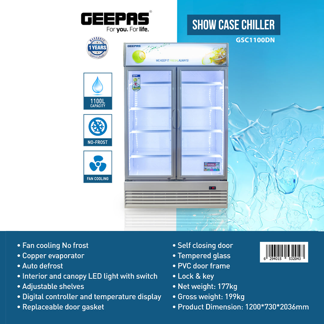 Geepas GSC1100DN 1100L No Frost Show Case Chiller Commercial Refrigerator| Fan Cooling |Double Tempered Glass Doors |LED Display & Digital Control System| 1 Year Warranty