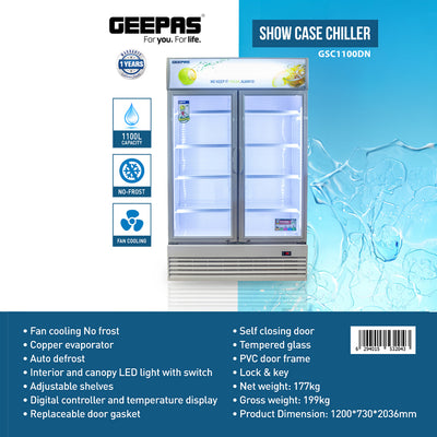 Geepas GSC1100DN 1100L No Frost Show Case Chiller Commercial Refrigerator| Fan Cooling |Double Tempered Glass Doors |LED Display & Digital Control System| 1 Year Warranty