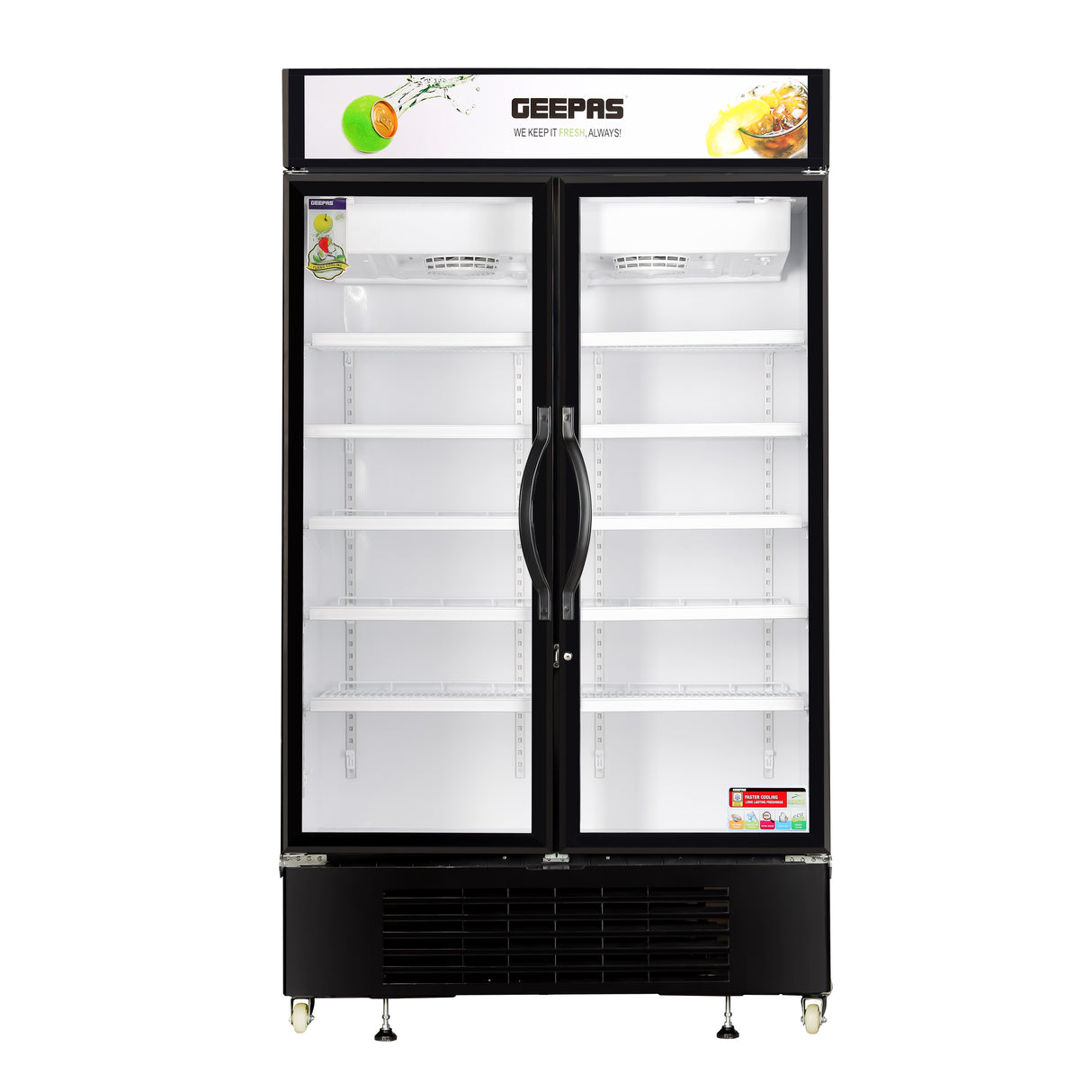 Geepas Upright Showcase Chiller- GSC1222CN| Quick No-Frost Fan Cooling with Outside Compressor| Low Noise and Low Voltage Consumption, Equipped with Shelves, Interior Lamp and Top Light Display| Perfect for Storing Drinks, Fruits, Milk, Pastry, Cake, And