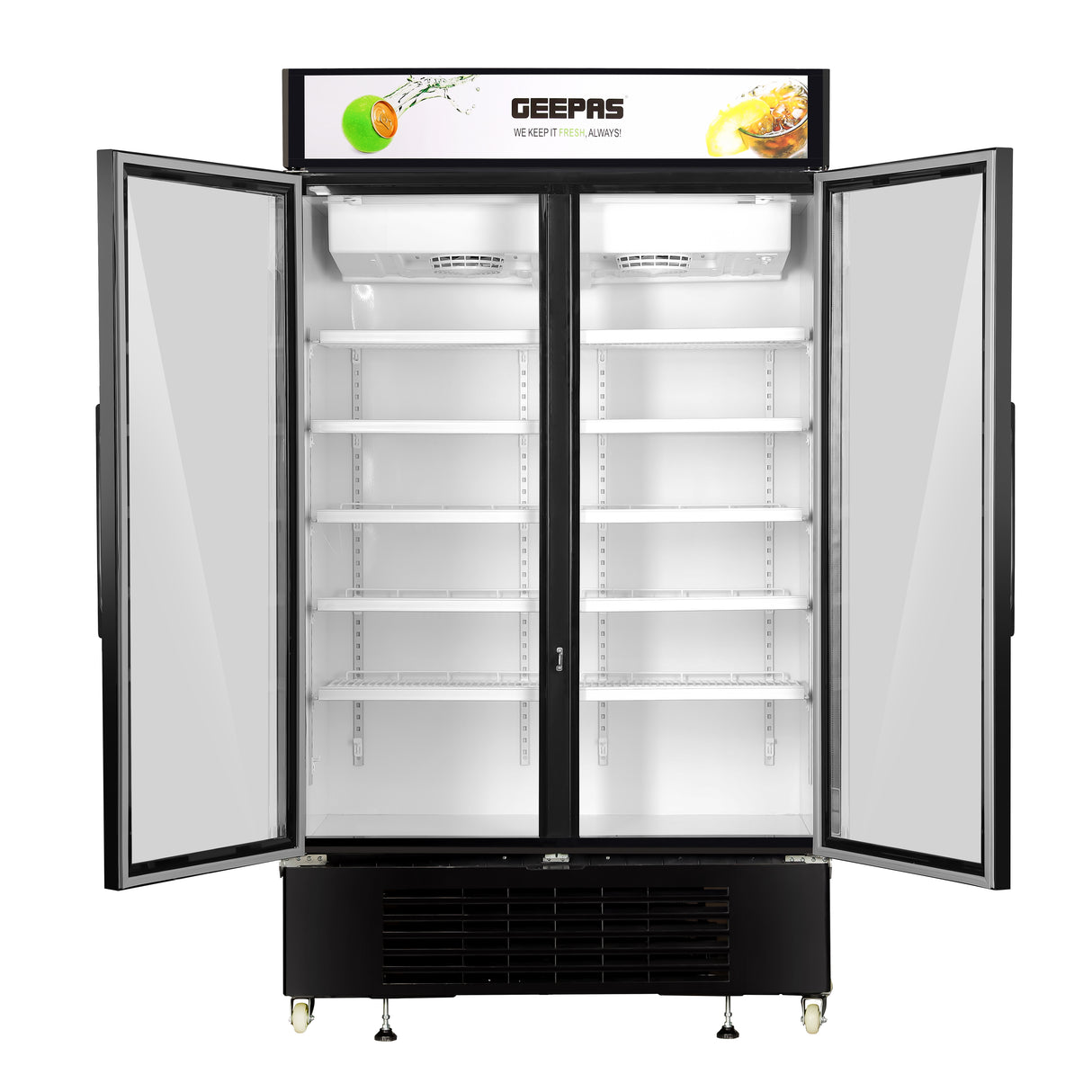 Geepas Upright Showcase Chiller GSC1222CN |1200L Large Capacity Display Fridge |LED Light |Adjustable Thermostat | No Frost Cooling System | Auto Closing Door |Lock & Key
