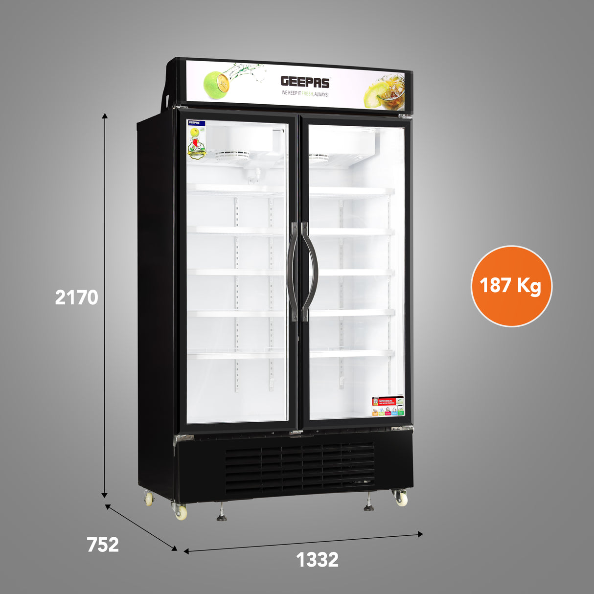 Geepas Upright Showcase Chiller GSC1222CN |1200L Large Capacity Display Fridge |LED Light |Adjustable Thermostat | No Frost Cooling System | Auto Closing Door |Lock & Key