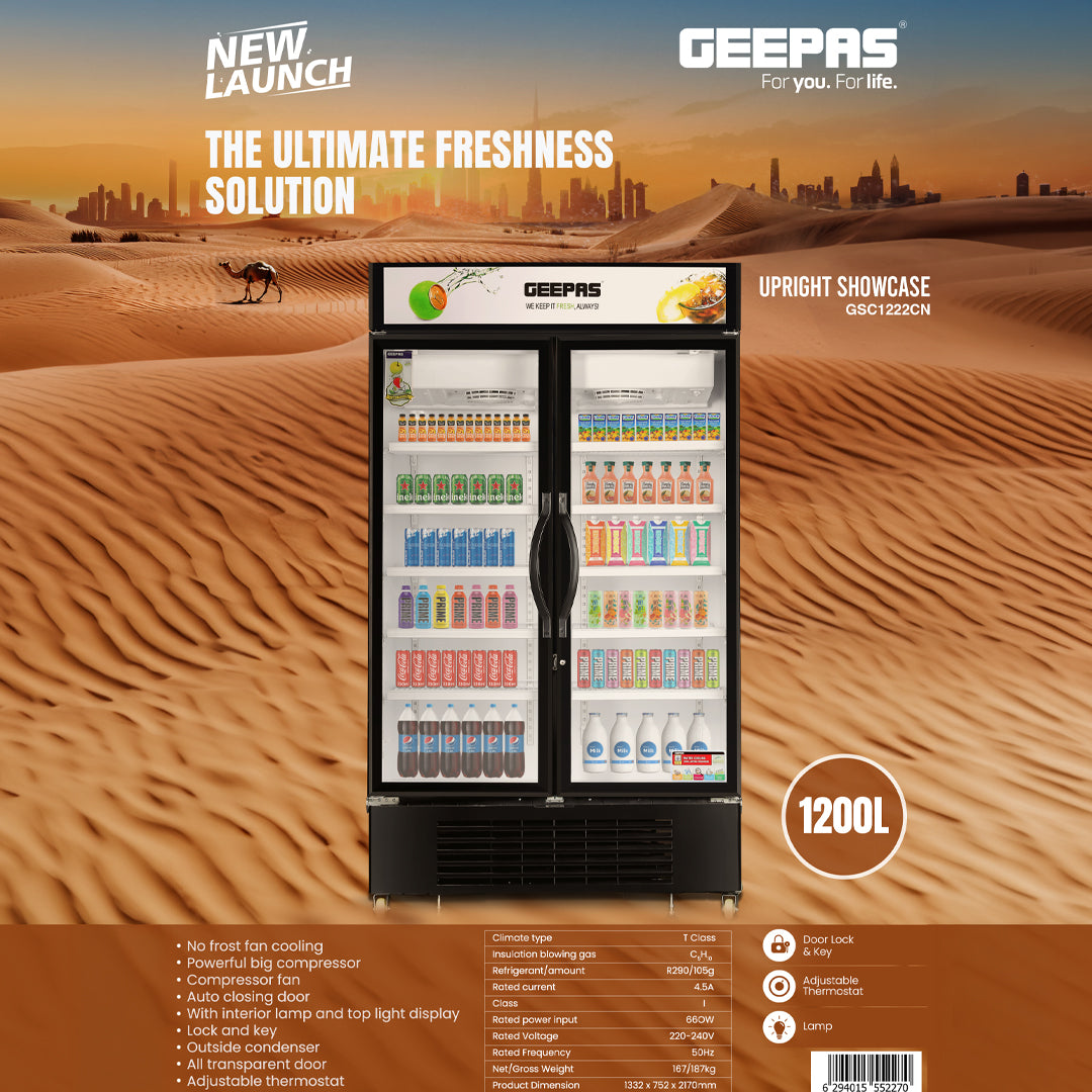 Geepas Upright Showcase Chiller GSC1222CN |1200L Large Capacity Display Fridge |LED Light |Adjustable Thermostat | No Frost Cooling System | Auto Closing Door |Lock & Key