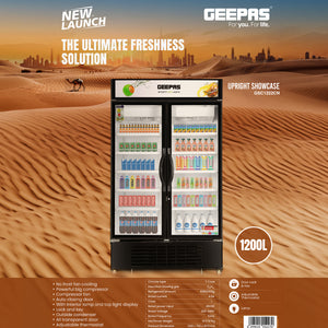 Geepas Upright Showcase Chiller GSC1222CN |1200L Large Capacity Display Fridge |LED Light |Adjustable Thermostat | No Frost Cooling System | Auto Closing Door |Lock & Key