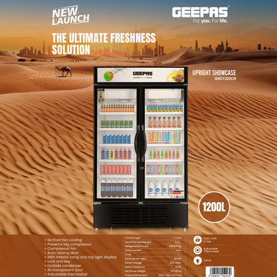 Geepas Upright Showcase Chiller GSC1222CN |1200L Large Capacity Display Fridge |LED Light |Adjustable Thermostat | No Frost Cooling System | Auto Closing Door |Lock & Key