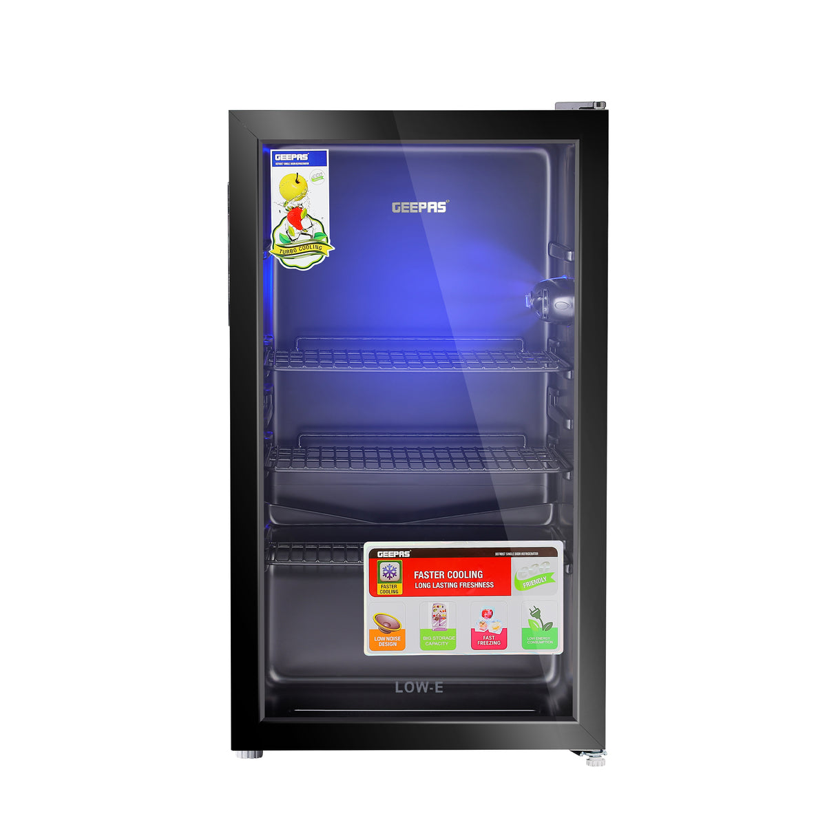 Geepas GSC1223  Showcase Chiller | Single Door Display Fridge | Low Noise, Quick Cooling | LED Light | Black Finish | Energy Efficient Beverage Cooler | 1 Year Warranty