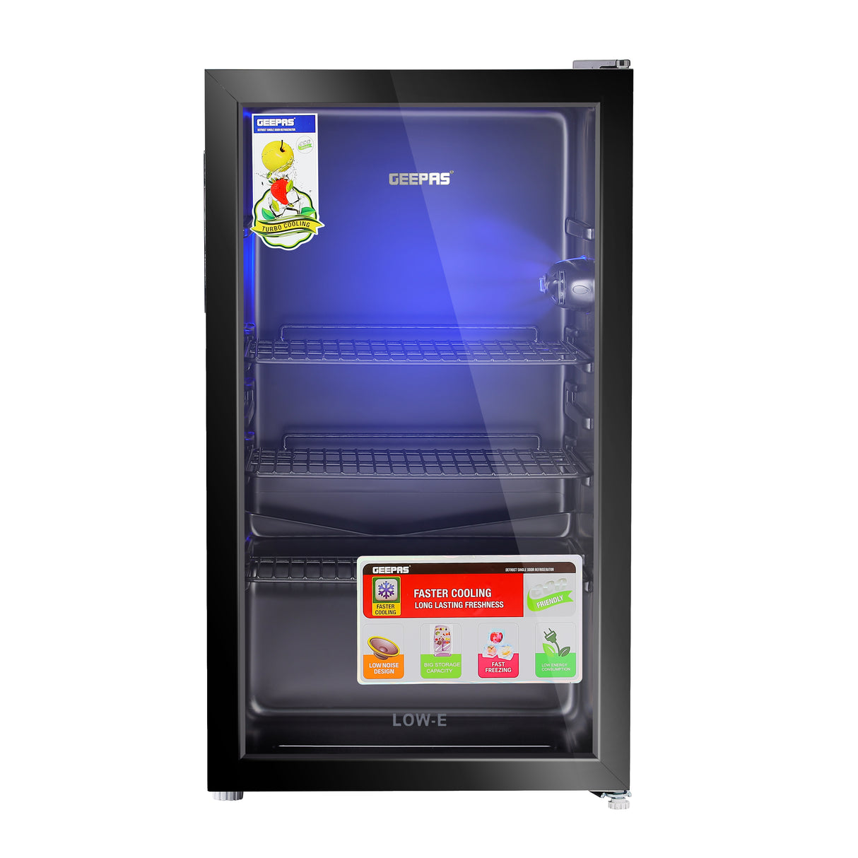 Geepas GSC1223  Showcase Chiller | Single Door Display Fridge | Low Noise, Quick Cooling | LED Light | Black Finish | Energy Efficient Beverage Cooler | 1 Year Warranty