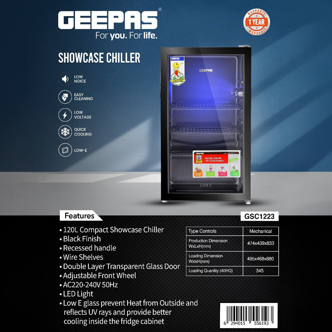 Geepas GSC1223  Showcase Chiller | Single Door Display Fridge | Low Noise, Quick Cooling | LED Light | Black Finish | Energy Efficient Beverage Cooler | 1 Year Warranty