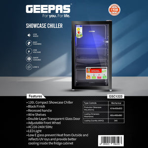 Geepas GSC1223  Showcase Chiller | Single Door Display Fridge | Low Noise, Quick Cooling | LED Light | Black Finish | Energy Efficient Beverage Cooler | 1 Year Warranty