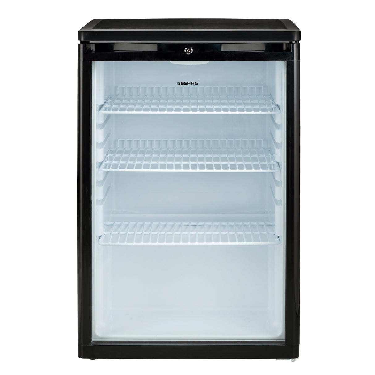Geepas GSC1601BE Showcase Chiller 165L | Beverage Cooler with R600a Refrigerant | Lock & Key| Low Noise| Adjustable Temperature| Energy Efficient Design| 1 Year Warranty