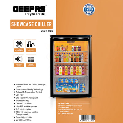 Geepas GSC1601BE Showcase Chiller 165L | Beverage Cooler with R600a Refrigerant | Lock & Key| Low Noise| Adjustable Temperature| Energy Efficient Design| 1 Year Warranty