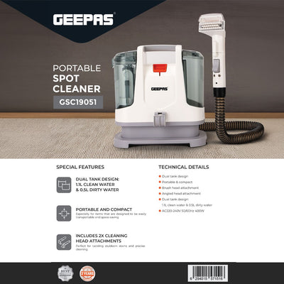 Geepas GSC19051 400W Portable Spot Cleaner |  1.1L clean water tank | 0.5L dirty water tank and 2 cleaning head attachments | Perfect for convenient targeted cleaning