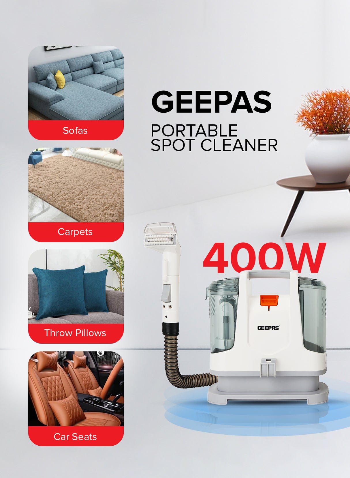 Geepas 400W Spot Cleaner – GSC19051 | Dual Tank | Compact & Lightweight