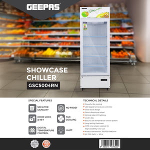 Geepas 500 Liters Showcase Chiller- GSC5004RN/ with LED Digital Temperature Controller, Fan Cooling, Equipped with Shelves and Wheels