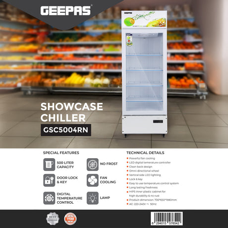 Geepas 500 Liters Showcase Chiller- GSC5004RN/ with LED Digital Temperature Controller, Fan Cooling, Equipped with Shelves and Wheels