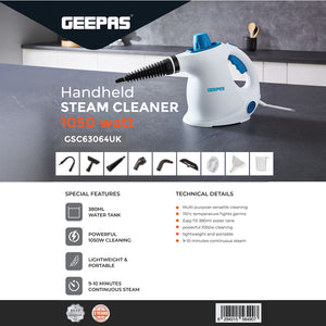 Geepas GSC63064UK Handheld Steam Cleaner | 1050W Powerful Cleaning| 380ml Water Tank| 110°C High Temperature Steam|  9–10 Minutes Continuous Steam| 2 years Warranty