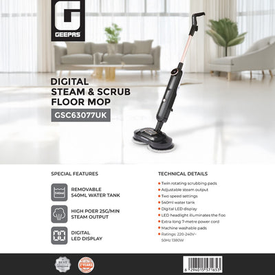 Geepas GSC63077UK Digital Steam & Scrub Floor Mop with Twin Rotating Pads | Adjustable Steam Control | 540ml Water Tank | LED Display & 7m Power Cord | Lightweight design