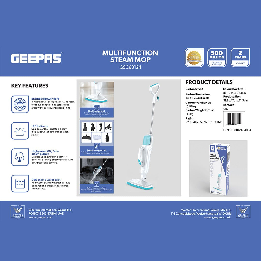 Geepas GSC63124 Multifunction Steam Mop 1300W   |  High Steam Output | 500ml Detachable Water Tank | 4-Metre Power Cord  | Flexible Swivel Head | High-Temperature Steam