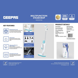 Geepas GSC63124 Multifunction Steam Mop 1300W   |  High Steam Output | 500ml Detachable Water Tank | 4-Metre Power Cord  | Flexible Swivel Head | High-Temperature Steam