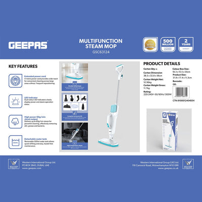 Geepas GSC63124 Multifunction Steam Mop 1300W   |  High Steam Output | 500ml Detachable Water Tank | 4-Metre Power Cord  | Flexible Swivel Head | High-Temperature Steam