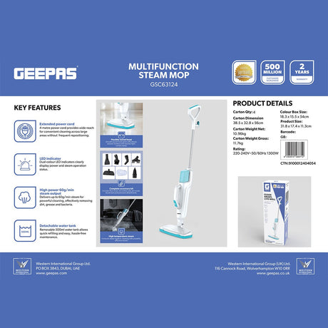 Geepas GSC63124 Multifunction Steam Mop 1300W   |  High Steam Output | 500ml Detachable Water Tank | 4-Metre Power Cord  | Flexible Swivel Head | High-Temperature Steam