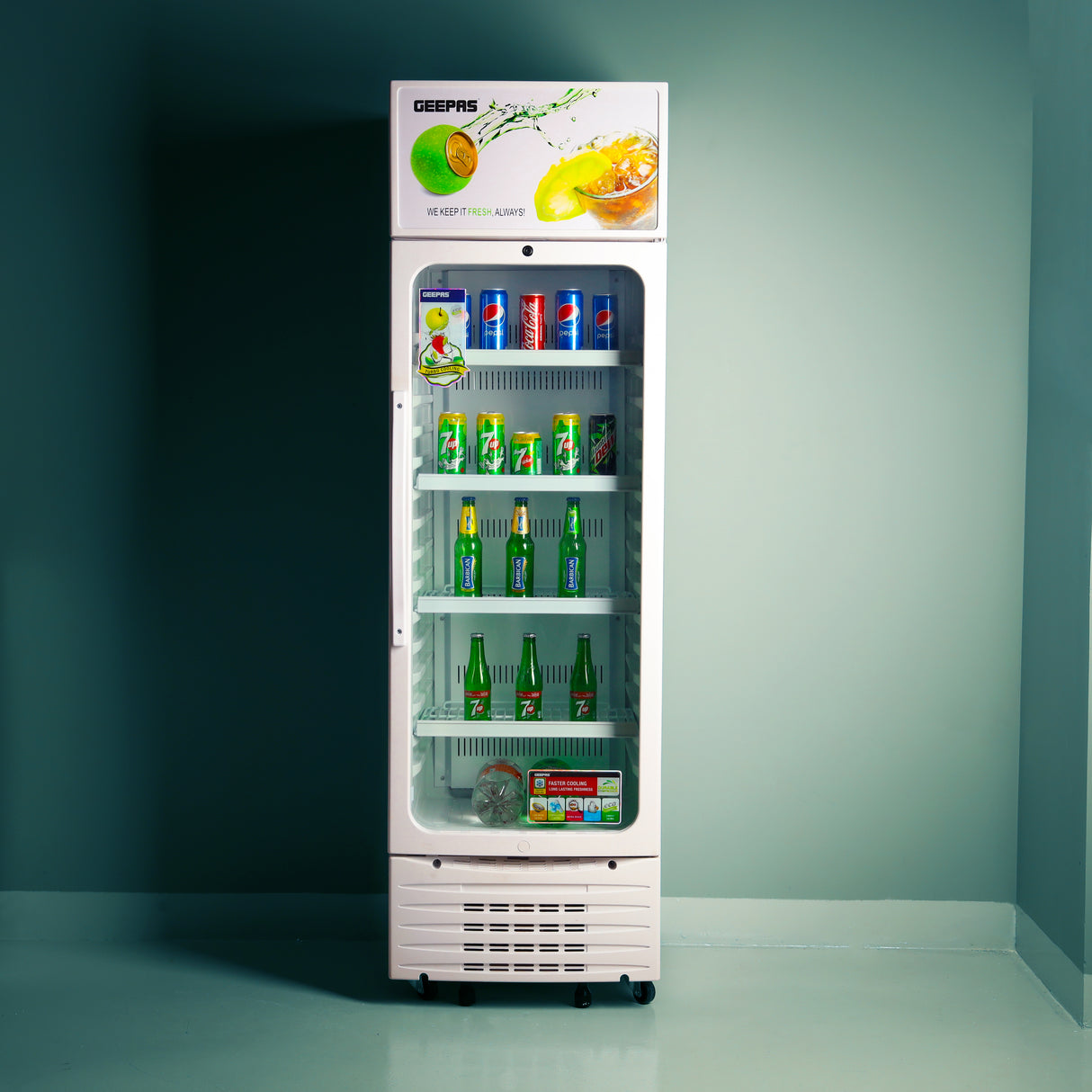 Geepas GSC6548 Upright Showcase | 300L Display Refrigerator| -3°C Cooling | Compressor Fan| Adjustable Thermostat | Transparent Door| Interior Lamp |  1-Year Warranty