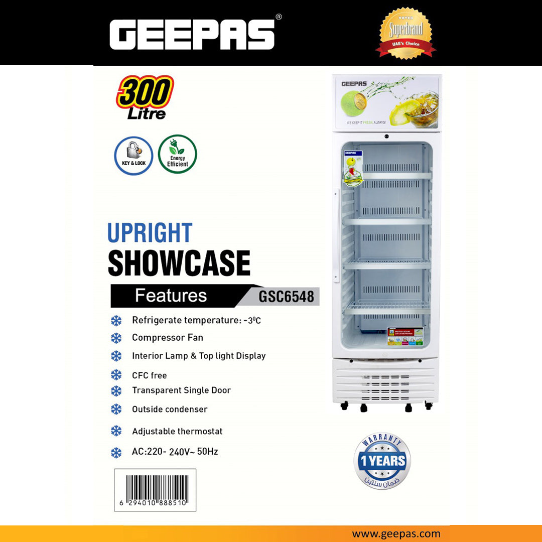 Geepas GSC6548 Upright Showcase | 300L Display Refrigerator| -3°C Cooling | Compressor Fan| Adjustable Thermostat | Transparent Door| Interior Lamp |  1-Year Warranty