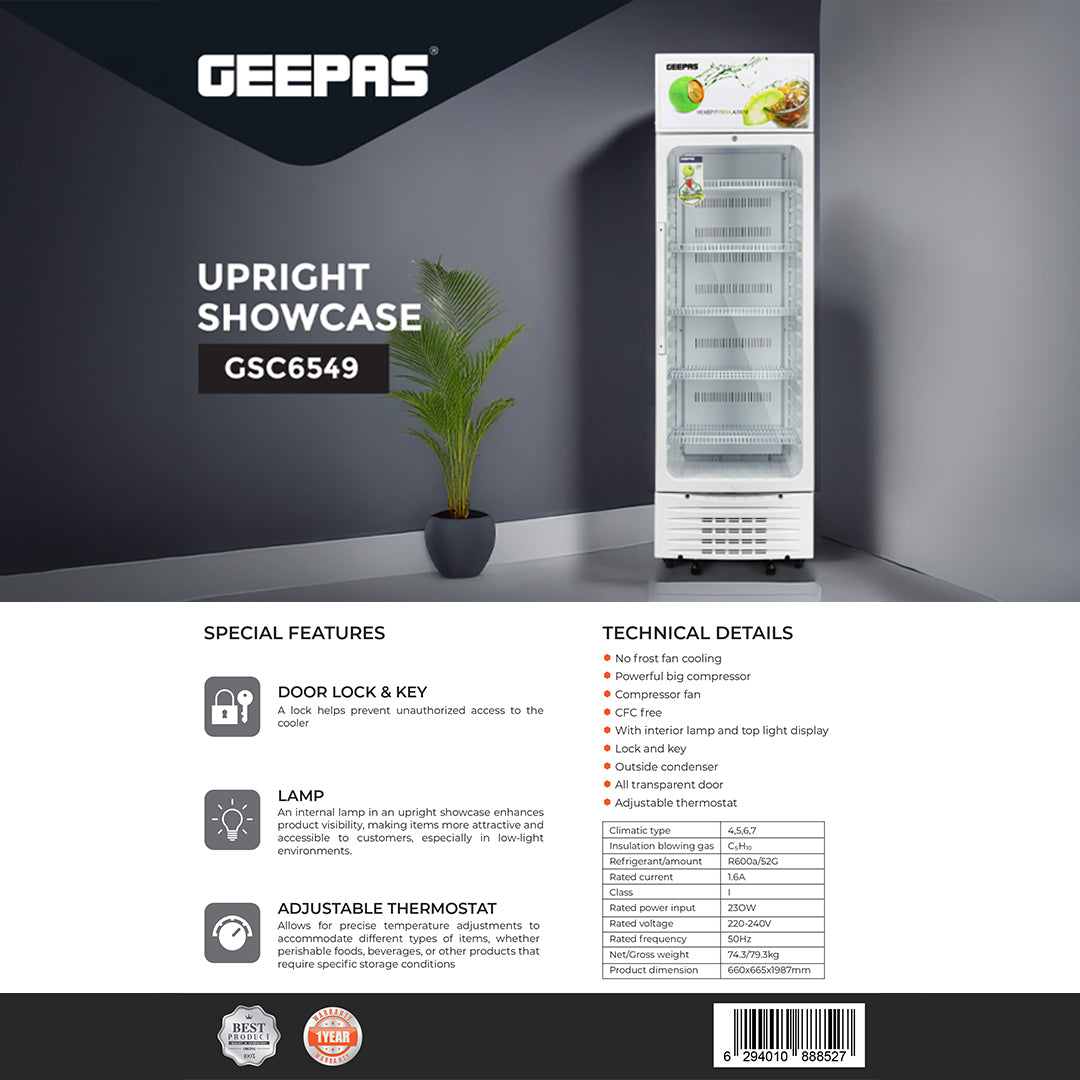 Geepas GSC6549 Upright Showcase | 230W Powerful Big Compressor| No Frost Fan Cooling System| Adjustable Thermostat| Transparent Glass Door| Lock & Key| 1-Year Warranty
