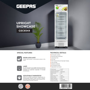 Geepas GSC6549 Upright Showcase | 230W Powerful Big Compressor| No Frost Fan Cooling System| Adjustable Thermostat| Transparent Glass Door| Lock & Key| 1-Year Warranty