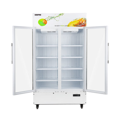 Geepas 700 Liters Double Door Showcase Chiller- GSC7001RN/ with LED Digital Temperature Controller, Fan Cooling, Equipped with Shelves, Vertical Side Lighting,1 Year Warranty