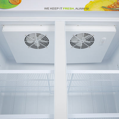 Geepas GSC7001RN Double Door Showcase Chiller 700L | No Frost | Fan Cooling | LED Digital Temperature Control | Lock & Key | Vertical LED Lighting | 1 Year Warranty
