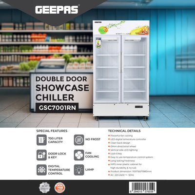 Geepas GSC7001RN Double Door Showcase Chiller 700L | No Frost | Fan Cooling | LED Digital Temperature Control | Lock & Key | Vertical LED Lighting | 1 Year Warranty