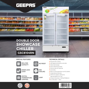 Geepas GSC8104RN Double Door Showcase Chiller | 810L Large Capacity | LED Digital Temperature Control |  Fan Cooling |  No Frost |  Vertical LED Light |  1-Year Warranty